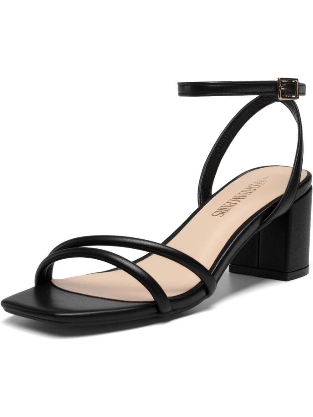Women's Black Pu Faux Leather Square-Toe Chunky Block Ankle Buckle Heels Sandals